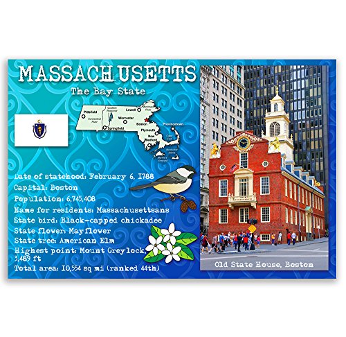 MASSACHUSETTS STATE FACTS postcard set of 20 identical postcards. Post cards with MA facts and state symbols. Made in USA.