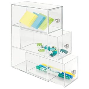 mdesign plastic stackable desktop organizer tower storage station with 3 drawers for home office - holds pens, sticky notes, binder clips, notepads, gel pens, or erasers - lumiere collection - clear