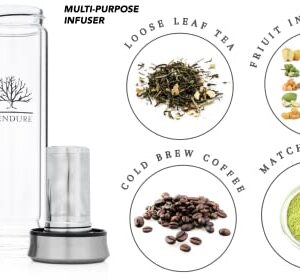 UEndure Tea Tumbler with Infuser - BPA Free Double Wall Glass Travel Tea Mug with Stainless Steel Filter - Watertight Tea Bottle with Strainer for Loose Leaf Tea and Fruit Infused Water 14oz