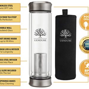 UEndure Tea Tumbler with Infuser - BPA Free Double Wall Glass Travel Tea Mug with Stainless Steel Filter - Watertight Tea Bottle with Strainer for Loose Leaf Tea and Fruit Infused Water 14oz