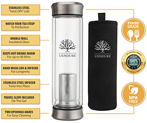UEndure Tea Tumbler with Infuser - BPA Free Double Wall Glass Travel Tea Mug with Stainless Steel Filter - Watertight Tea Bottle with Strainer for Loose Leaf Tea and Fruit Infused Water 14oz