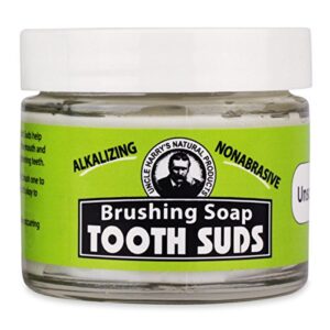 uncle harry’s natural products alkalizing nonabrasive brushing soap tooth suds, peppermint, remineralizes tooth enamel and promotes alkaline ph, fluoride free and vegan, 2 ounce glass jar