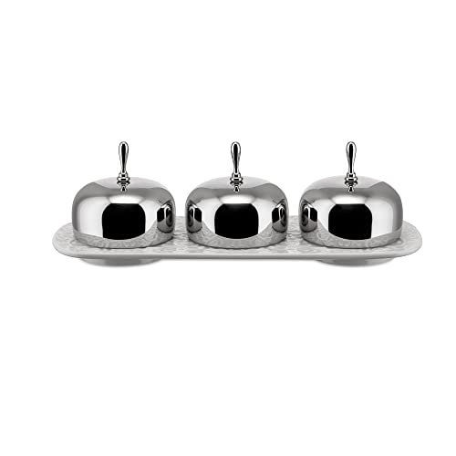 Alessi "Dressed" Three-Section Jam Tray in Porcelain With Lids in 18/10 Stainless Steel Mirror Polished, White