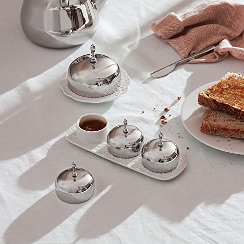 Alessi "Dressed" Three-Section Jam Tray in Porcelain With Lids in 18/10 Stainless Steel Mirror Polished, White