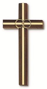 wedding wood walnut wall cross with gold inlay accented with 2 gold rings in gift box