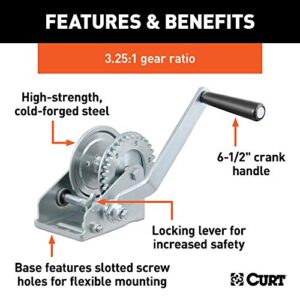 CURT 29423 Manual Hand Crank Boat Trailer Winch, 900 lbs Capacity, 6-1/2-Inch Handle, 3.25:1 Gear Ratio