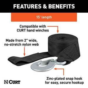 CURT 29450 2-Inch x 15-Foot Nylon Winch Strap with Hook, 3,300 lbs , Black