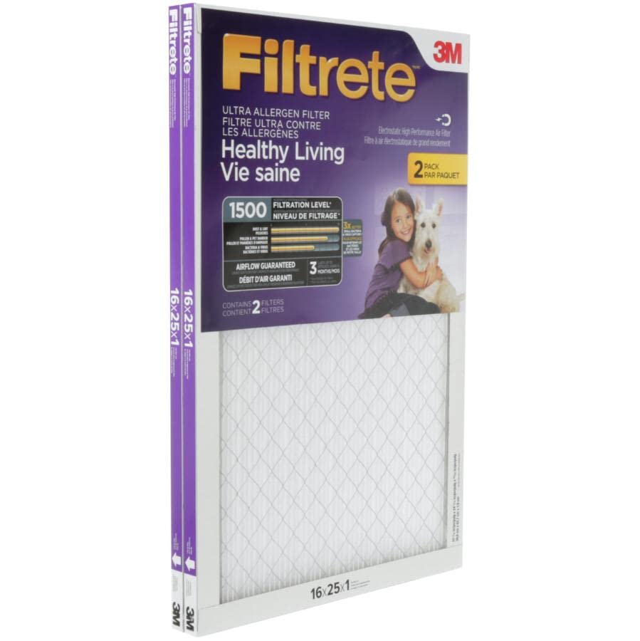 Filtrete 16x25x1 Air Filter, MPR 1500, MERV 12, Healthy Living Ultra-Allergen 3-Month Pleated 1-Inch Air Filters, 2 Filters