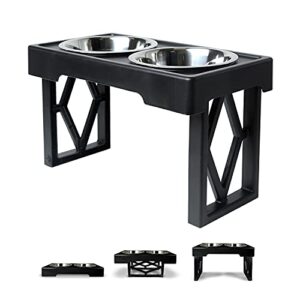 pet zone designer diner adjustable elevated dog bowls - adjusts to 3 heights, 2.75”, 8", & 12'' (raised dog dish with double stainless steel bowls) black, 20 x 10.6 x 6"
