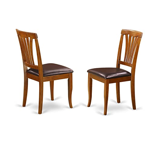 East West Furniture Avon Dining Faux Leather Upholstered Wood Chairs, Set of 2, Saddle Brown