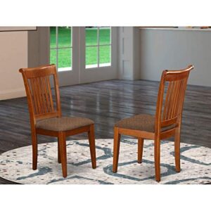 east west furniture portland dining linen fabric upholstered wooden chairs, set of 2, saddle brown