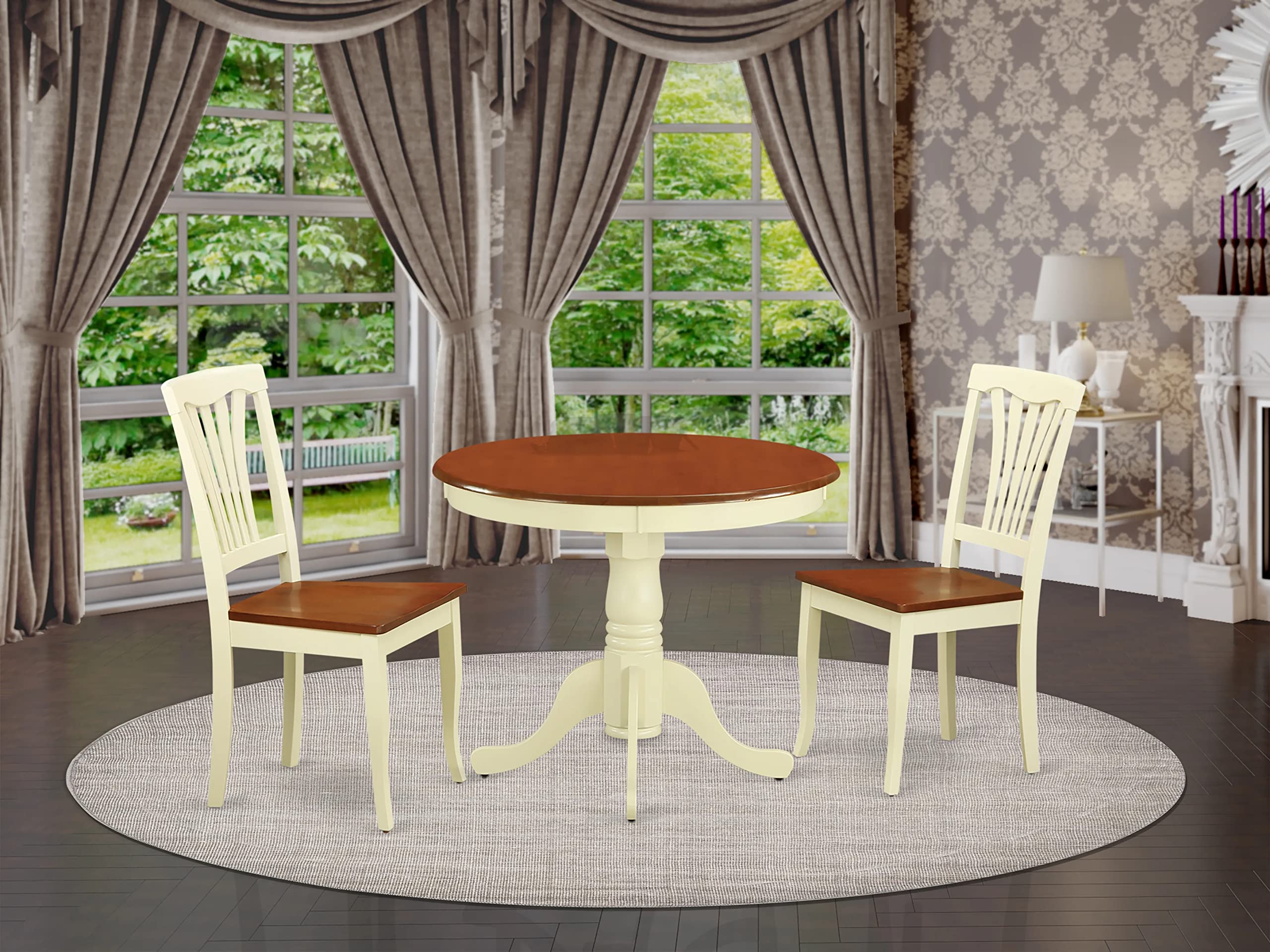 East West Furniture ANAV3-WHI-W 3 Piece Dinette Set for Small Spaces Contains a Round Room Table with Pedestal and 2 Kitchen Dining Chairs, 36x36 Inch, Buttermilk & Cherry