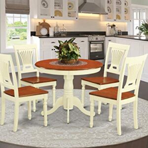 East West Furniture ANPL5-WHI-W 5 Piece Dinette Set for 4 Includes a Round Kitchen Table with Pedestal and 4 Kitchen Dining Chairs, 36x36 Inch, Buttermilk & Cherry