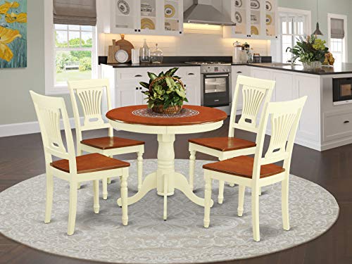 East West Furniture ANPL5-WHI-W 5 Piece Dinette Set for 4 Includes a Round Kitchen Table with Pedestal and 4 Kitchen Dining Chairs, 36x36 Inch, Buttermilk & Cherry