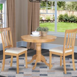 East West Furniture Antique 3 Piece Kitchen Set for Small Spaces Contains a Round Dining Room Table with Pedestal and 2 Faux Leather Upholstered Chairs, 36x36 Inch, Oak