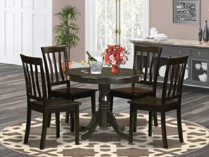 east west furniture antique 5 piece dinette set for 4 includes a round kitchen table with pedestal and 4 dining chairs, 36x36 inch, cappuccino