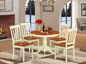 east west furniture antique 5 piece modern set includes a round kitchen table with pedestal and 4 dining chairs, 36x36 inch, buttermilk & cherry