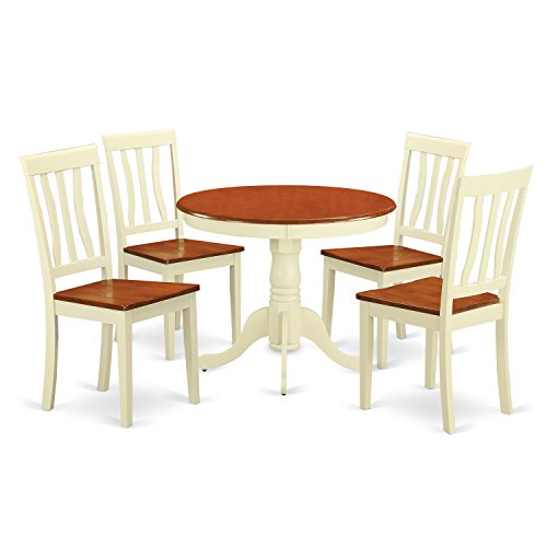 East West Furniture Antique 5 Piece Modern Set Includes a Round Kitchen Table with Pedestal and 4 Dining Chairs, 36x36 Inch, Buttermilk & Cherry