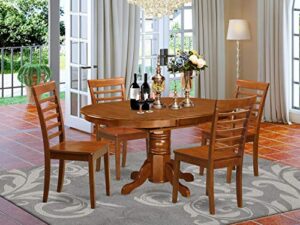 east west furniture avon 5 piece room set includes an oval kitchen table with butterfly leaf and 4 dining chairs, 42x60 inch, saddle brown
