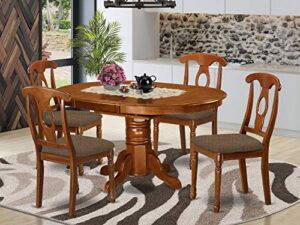 east west furniture avon 5 piece set for 4 includes an oval table with butterfly leaf and 4 linen fabric kitchen dining chairs, 42x60 inch, saddle brown