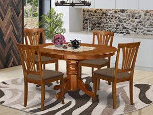 east west furniture avon 5 piece set for 4 includes an oval table with butterfly leaf and 4 linen fabric kitchen dining chairs, 42x60 inch, saddle brown