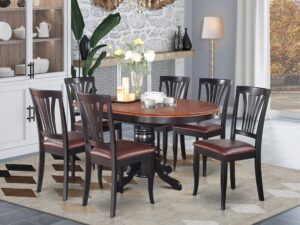 east west furniture avon 7 piece set consist of an oval dining room table with butterfly leaf and 6 faux leather upholstered chairs, 42x60 inch, black & cherry