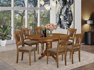 east west furniture avon 7 piece set consist of an oval dining room table with butterfly leaf and 6 linen fabric upholstered chairs, 42x60 inch, saddle brown
