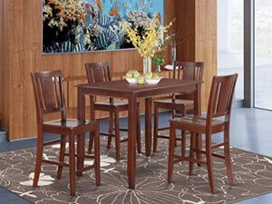 east west furniture buckland 5 piece counter height set includes a rectangle dining room table and 4 wood seat chairs, 30x48 inch, mahogany