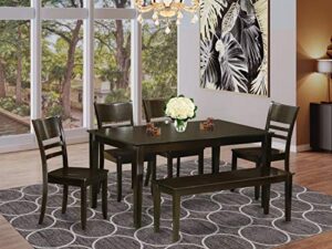east west furniture capri 6 piece kitchen table & chairs set contains a rectangle table and 4 dining room chairs with a bench, 36x60 inch, cappuccino