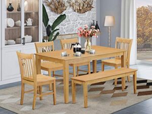 east west furniture capri 6 piece room furniture set contains a rectangle kitchen table and 4 dining chairs with a bench, 36x60 inch, oak
