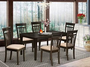 east west furniture capri 7 piece set consist of a rectangle dinner table and 6 linen fabric kitchen dining chairs, 36x60 inch, cappuccino