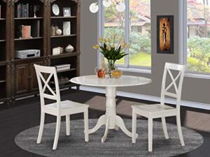 east west furniture dlbo3-whi-w 3 piece dining room table set contains a round kitchen table with dropleaf and 2 dining chairs, 42x42 inch, linen white
