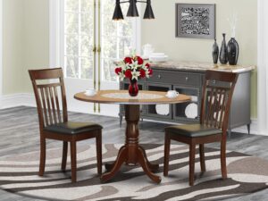 east west furniture dublin 3 piece set contains a round dining table with dropleaf and 2 faux leather kitchen room chairs, 42x42 inch, mahogany