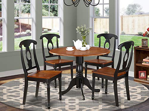 East West Furniture Dublin 5 Piece Room Furniture Set Includes a Round Dining Table with Dropleaf and 4 Wood Seat Chairs, 42x42 Inch, Black & Cherry