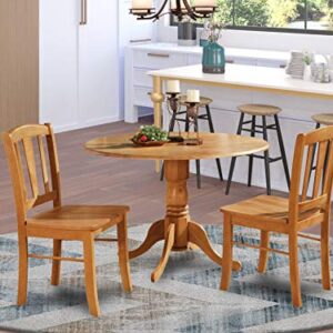 East West Furniture Dublin 3 Piece Set for Small Spaces Contains a Round Dining Room Table with Dropleaf and 2 Wood Seat Chairs, 42x42 Inch, Oak