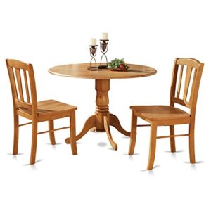East West Furniture Dublin 3 Piece Set for Small Spaces Contains a Round Dining Room Table with Dropleaf and 2 Wood Seat Chairs, 42x42 Inch, Oak