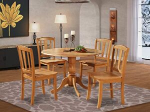 east west furniture dublin 5 piece kitchen set for 4 includes a round room table with dropleaf and 4 dining chairs, 42x42 inch, oak