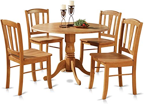 East West Furniture Dublin 5 Piece Kitchen Set for 4 Includes a Round Room Table with Dropleaf and 4 Dining Chairs, 42x42 Inch, Oak
