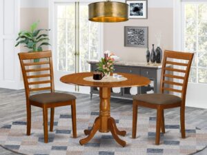 east west furniture dlml3-sbr-c 3 piece set contains a round dining room table with dropleaf and 2 linen fabric upholstered kitchen chairs, 42x42 inch, saddle brown