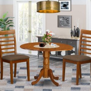 East West Furniture DLML3-SBR-C 3 Piece Set Contains a Round Dining Room Table with Dropleaf and 2 Linen Fabric Upholstered Kitchen Chairs, 42x42 Inch, Saddle Brown