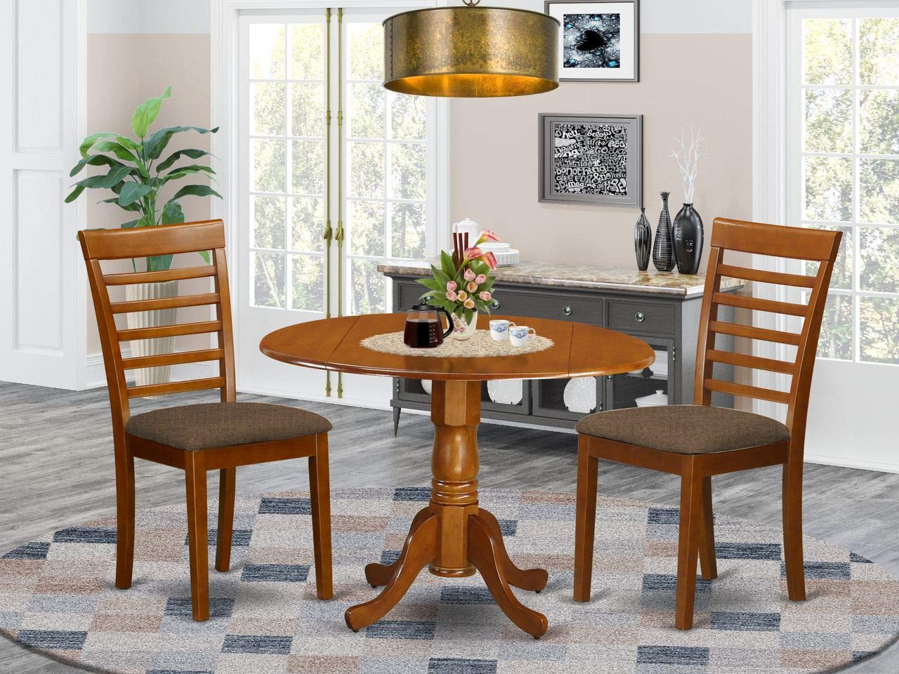 East West Furniture DLML3-SBR-C 3 Piece Set Contains a Round Dining Room Table with Dropleaf and 2 Linen Fabric Upholstered Kitchen Chairs, 42x42 Inch, Saddle Brown