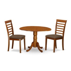 East West Furniture DLML3-SBR-C 3 Piece Set Contains a Round Dining Room Table with Dropleaf and 2 Linen Fabric Upholstered Kitchen Chairs, 42x42 Inch, Saddle Brown