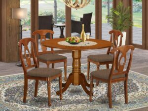 east west furniture dlna5-sbr-c 5 piece kitchen table & chairs set includes a round dining room table with dropleaf and 4 linen fabric upholstered chairs, 42x42 inch, saddle brown