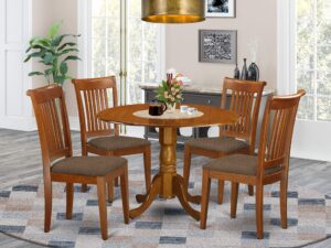 east west furniture dublin 5 piece dinette set for 4 includes a round room table with dropleaf and 4 linen fabric upholstered dining chairs, 42x42 inch, saddle brown