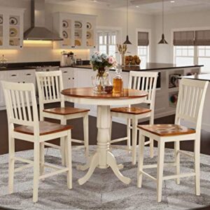 East West Furniture JAVN5-WHI-W 5 Piece Counter Height Dining Set Includes a Round Dining Table with Pedestal and 4 Kitchen Chairs, 36x36 Inch, Buttermilk & Cherry