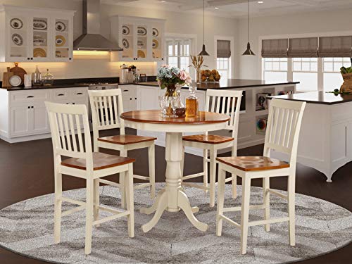 East West Furniture JAVN5-WHI-W 5 Piece Counter Height Dining Set Includes a Round Dining Table with Pedestal and 4 Kitchen Chairs, 36x36 Inch, Buttermilk & Cherry