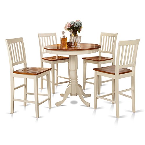 East West Furniture JAVN5-WHI-W 5 Piece Counter Height Dining Set Includes a Round Dining Table with Pedestal and 4 Kitchen Chairs, 36x36 Inch, Buttermilk & Cherry