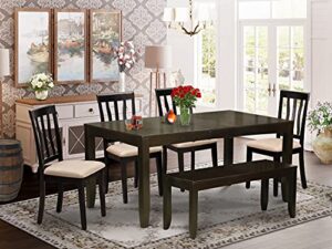 east west furniture lynfield 6 piece set contains a rectangle dining room table with butterfly leaf and 4 linen fabric upholstered chairs with a bench, 36x66 inch, cappuccino