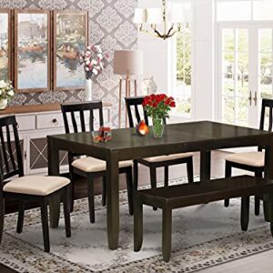 East West Furniture Lynfield 6 Piece Set Contains a Rectangle Dining Room Table with Butterfly Leaf and 4 Linen Fabric Upholstered Chairs with a Bench, 36x66 Inch, Cappuccino
