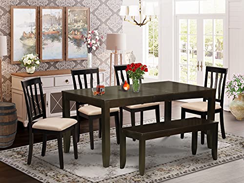 East West Furniture Lynfield 6 Piece Set Contains a Rectangle Dining Room Table with Butterfly Leaf and 4 Linen Fabric Upholstered Chairs with a Bench, 36x66 Inch, Cappuccino